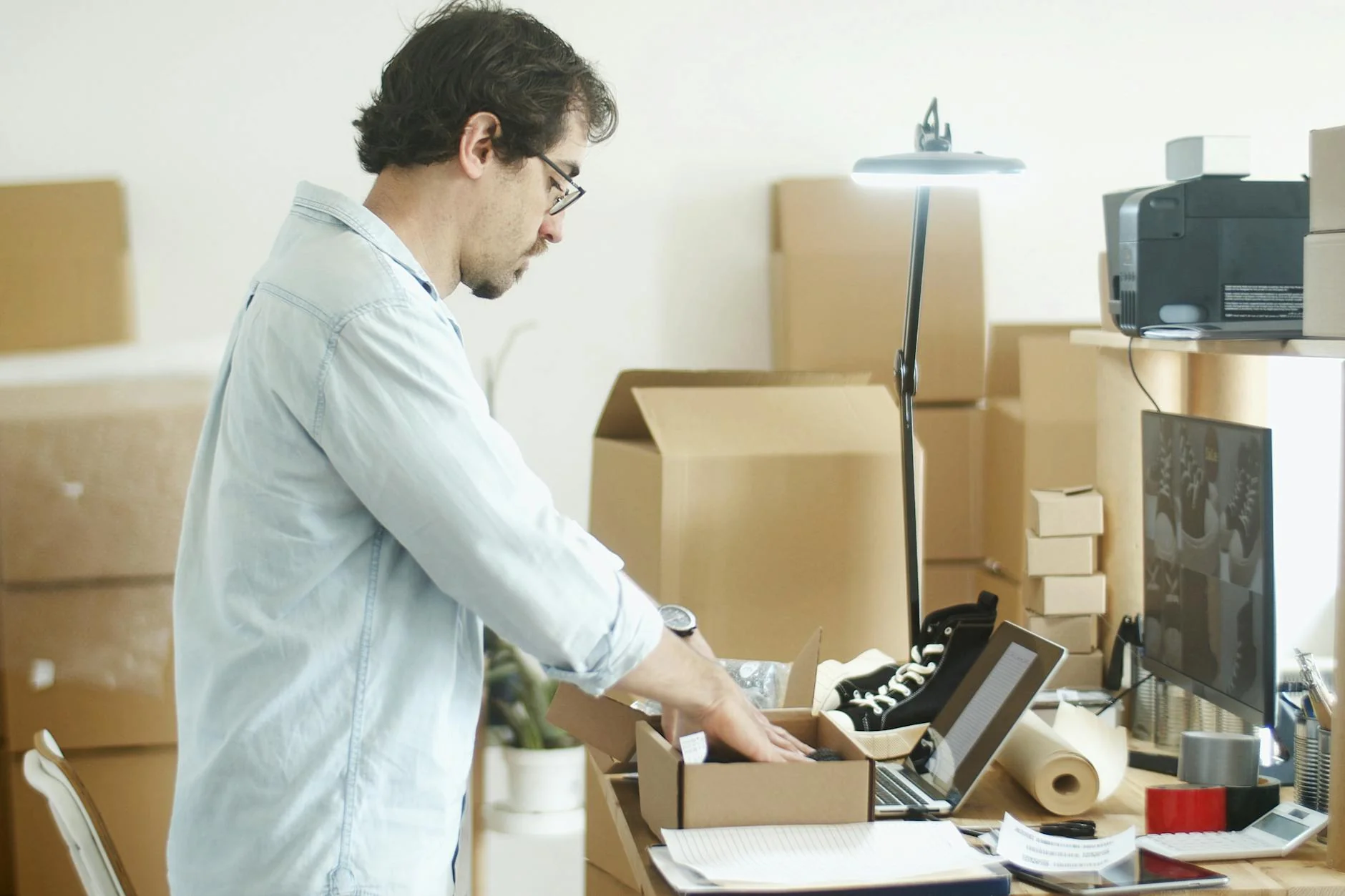 A small business owner packing a cardboard parcel at a wooden workshop table surrounded by handmade products