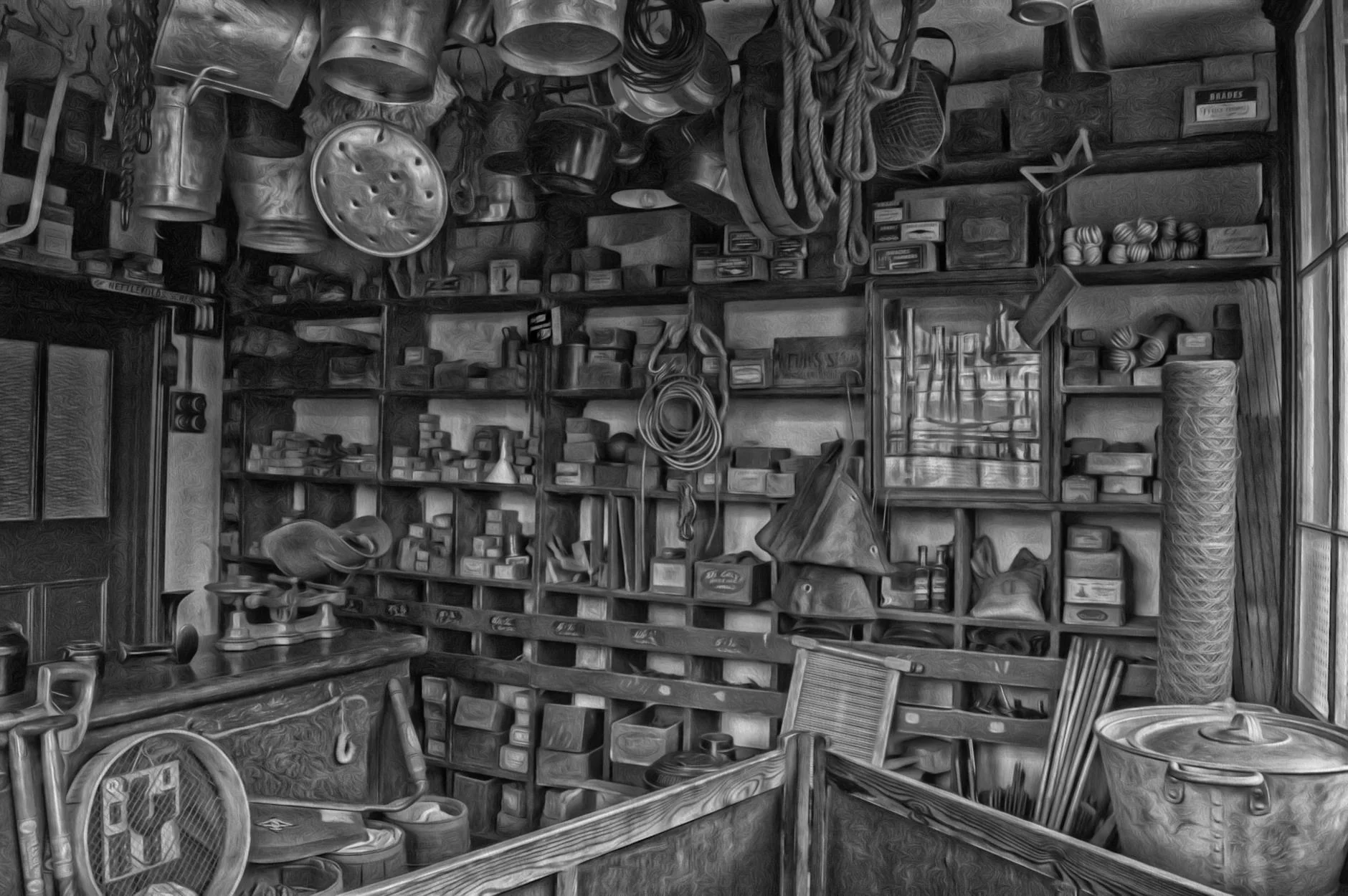 Shelves of assorted second-hand and vintage goods in a small reseller's storage room