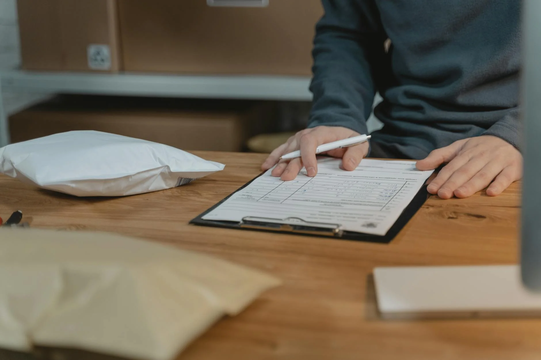 A wooden desk with a printed paper checklist, a pen, a fabric swatch, and a folded cardboard product box under a desk lamp