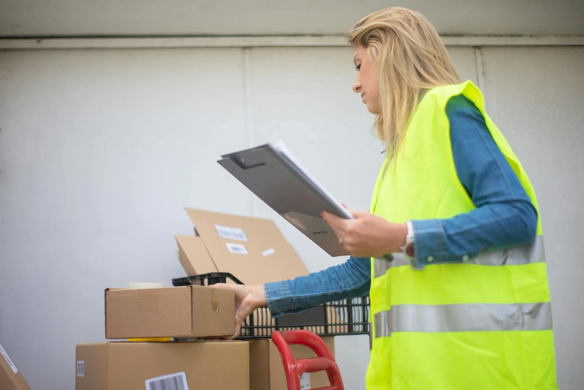 A customs inspection officer in a high-visibility vest examining shipping cartons on a warehouse loading dock