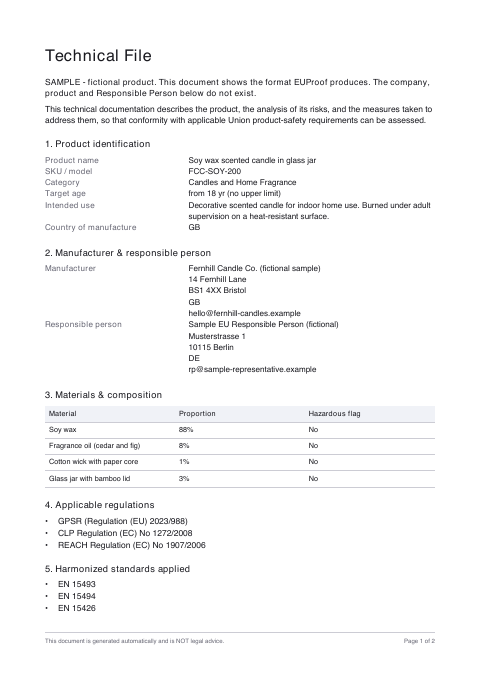 First page of the sample Technical file